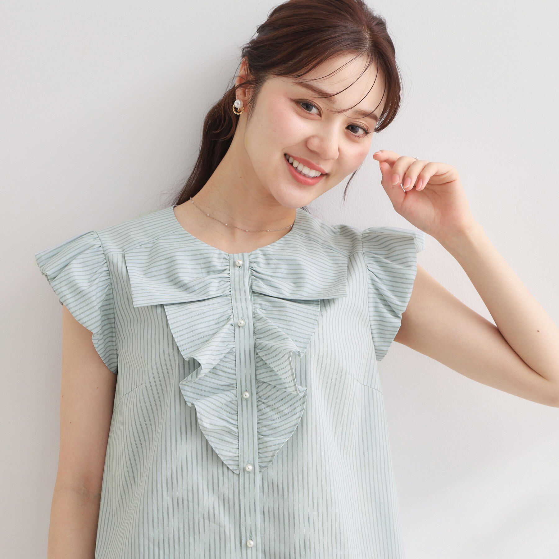 Couture broach「【洗える】リボン調フリル ストライプ ブラウス」|シャツ・ブラウス|