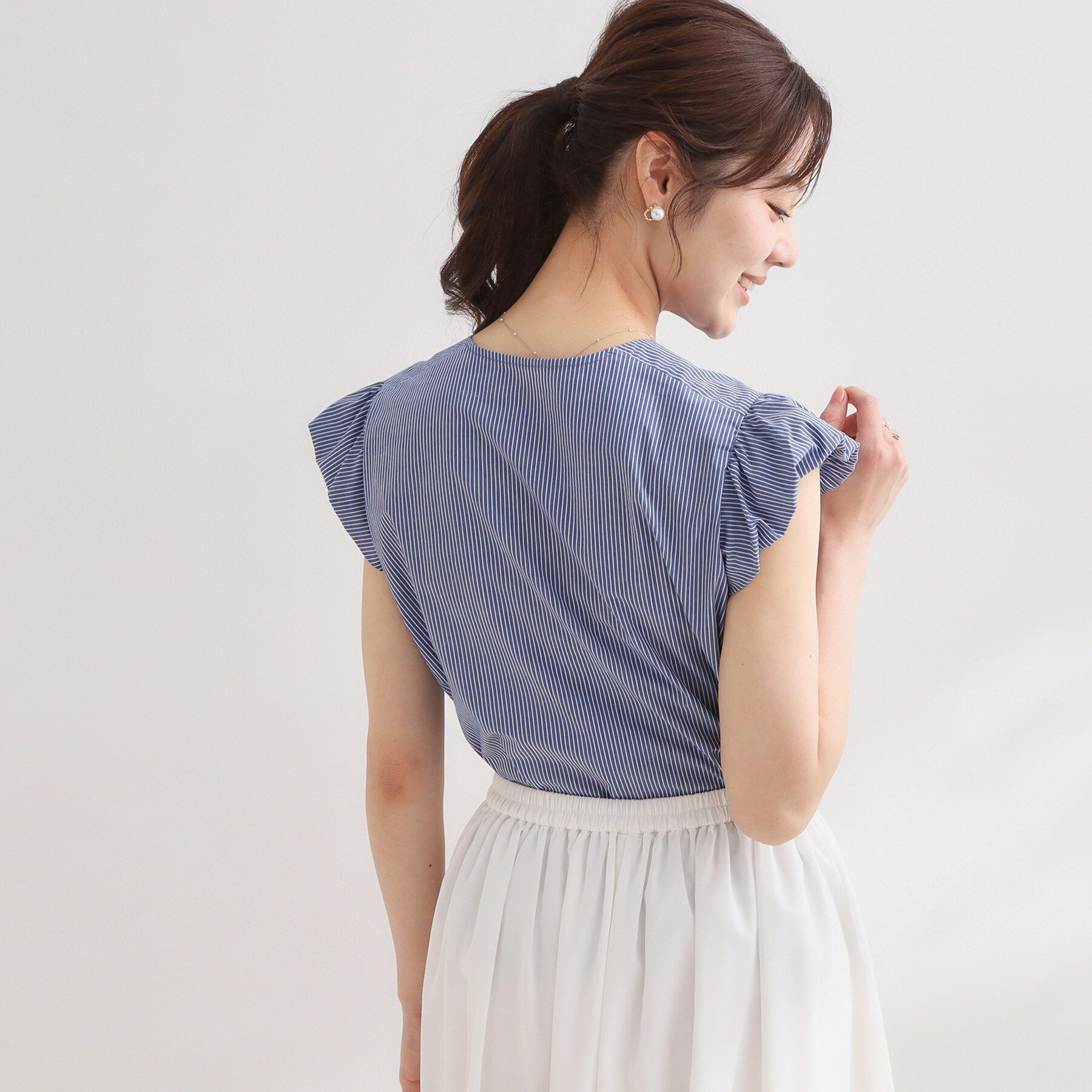 Couture broach「【洗える】リボン調フリル ストライプ ブラウス」|シャツ・ブラウス|