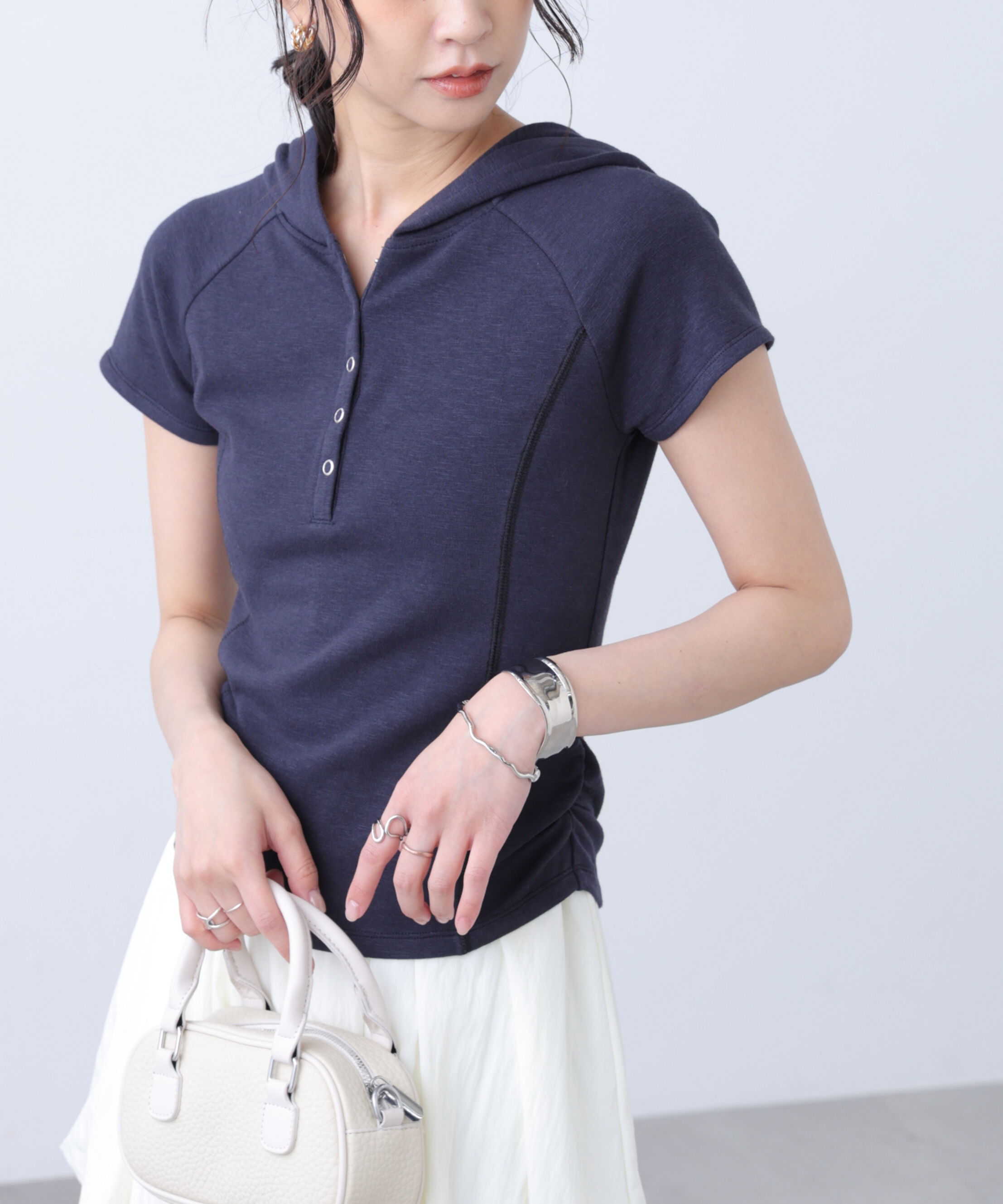  「スキッパー半袖カットソーフーディー」|Tシャツ・カットソー|ネイビー