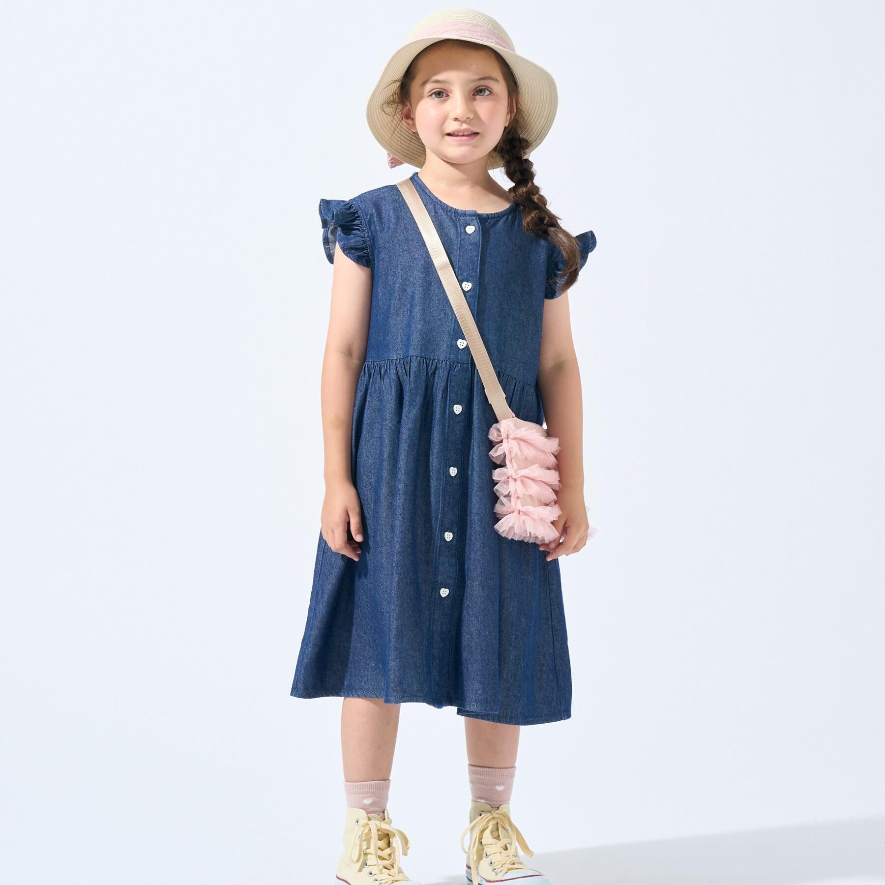 SHOO･LA･RUE「【100-150cm/ひんやり】ハートボタンデニムワンピース」|ワンピース|