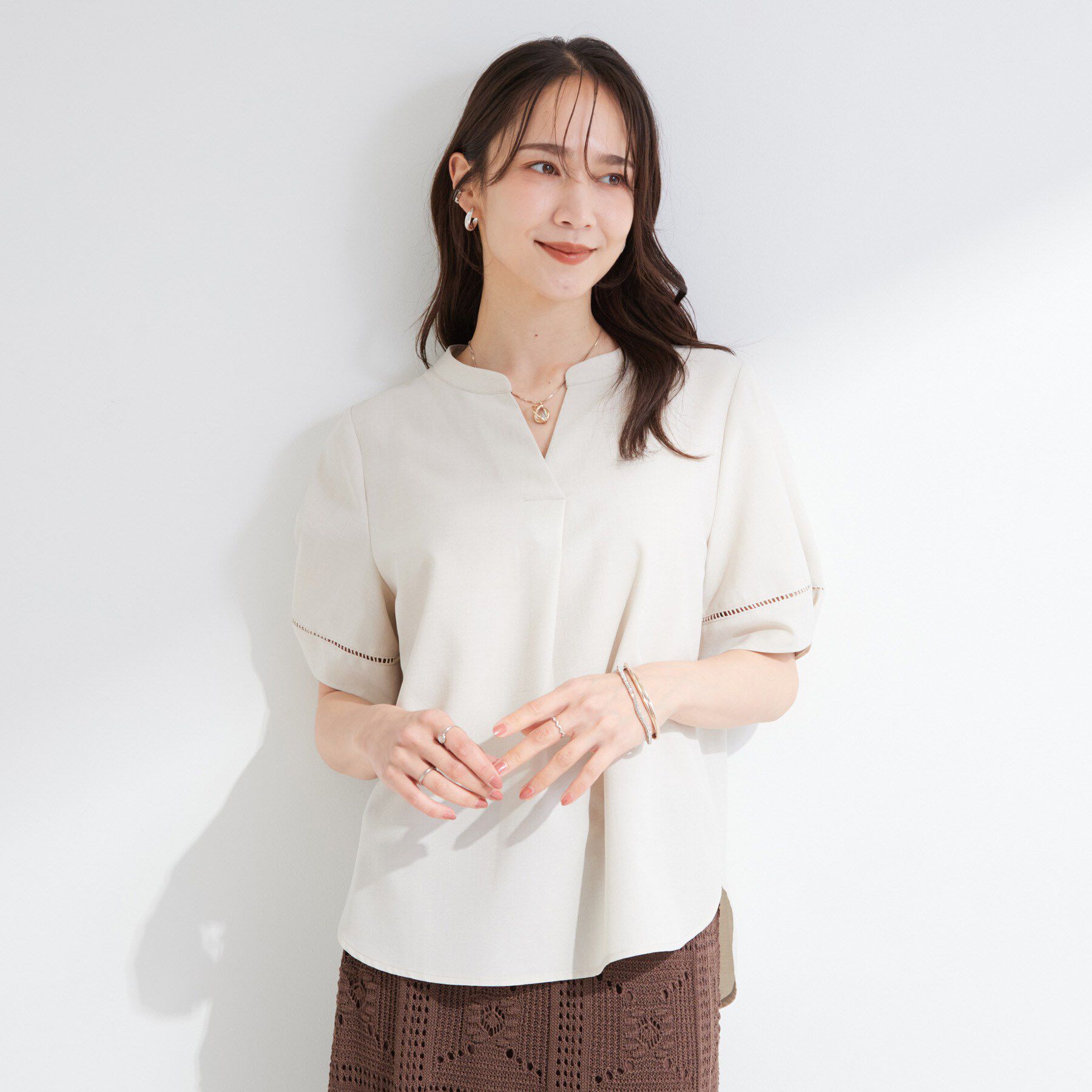 SHOO･LA･RUE「【洗濯後しわになりにくい／インせずきまる】麻調ハシゴレーススキッパーブラウス」|シャツ・ブラウス|