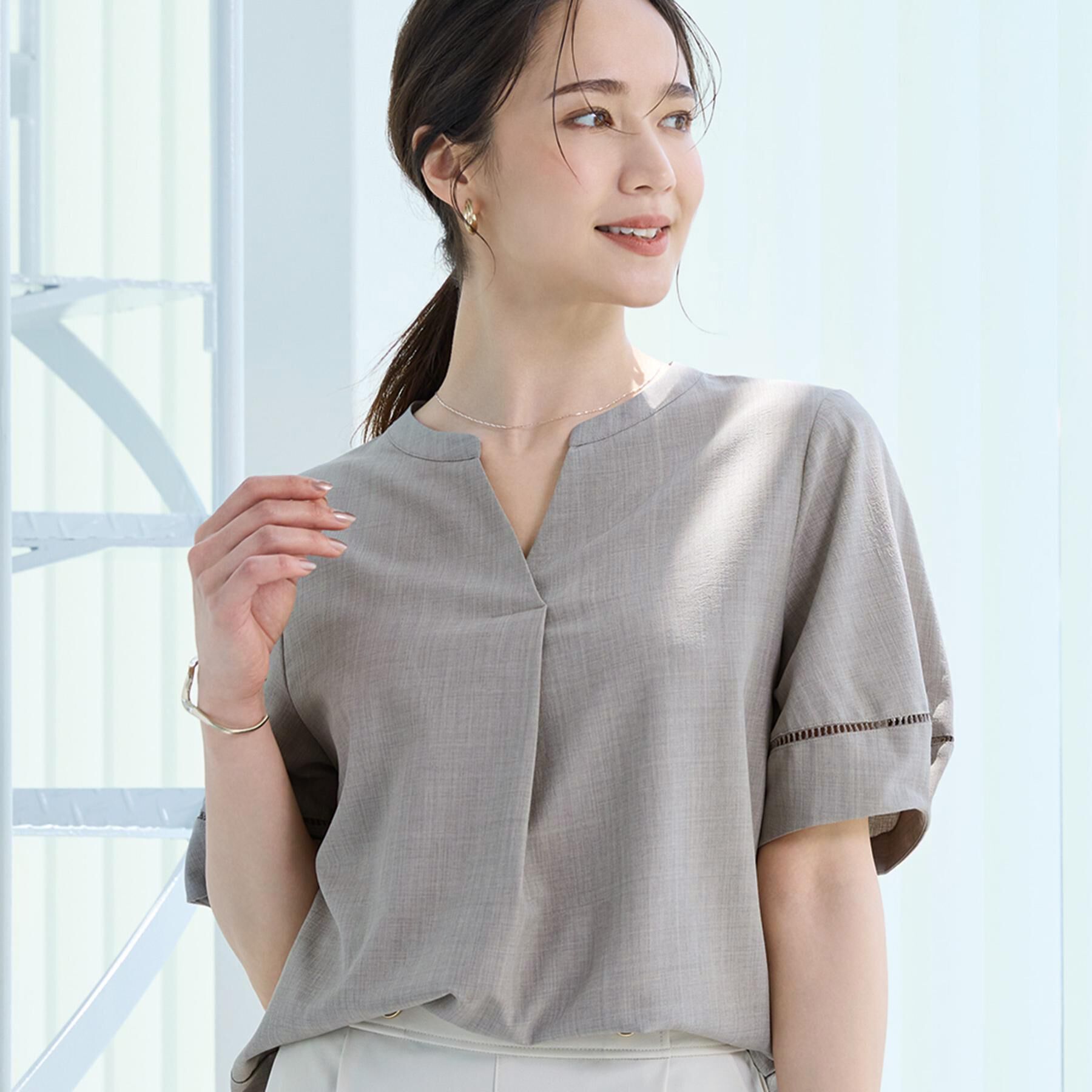 SHOO･LA･RUE「【洗濯後しわになりにくい／インせずきまる】麻調ハシゴレーススキッパーブラウス」|シャツ・ブラウス|