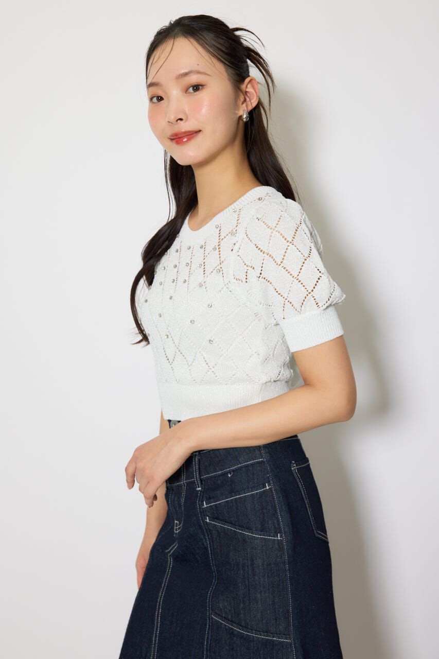 rienda「ビジュー付きバックリボンニットトップス」|ニット・セーター|