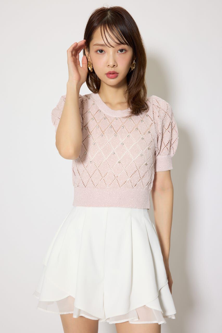rienda「ビジュー付きバックリボンニットトップス」|ニット・セーター|