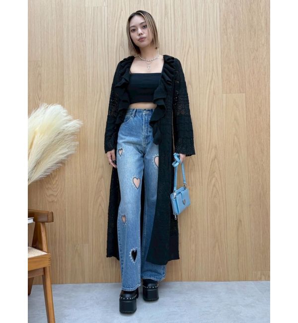 EVRIS「ビジューハートカッティングワイドデニムパンツ」|デニム|