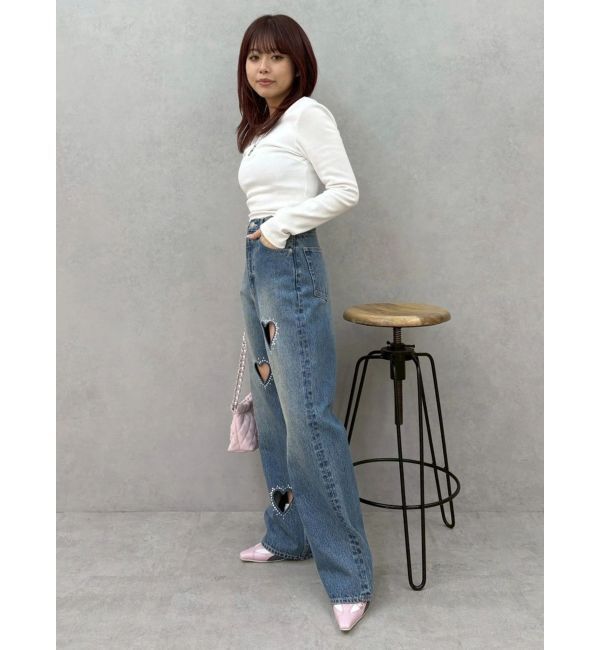 EVRIS「ビジューハートカッティングワイドデニムパンツ」|デニム|