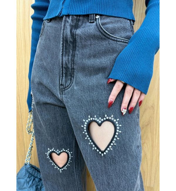 EVRIS「ビジューハートカッティングワイドデニムパンツ」|デニム|