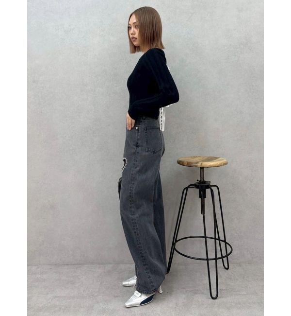 EVRIS「ビジューハートカッティングワイドデニムパンツ」|デニム|