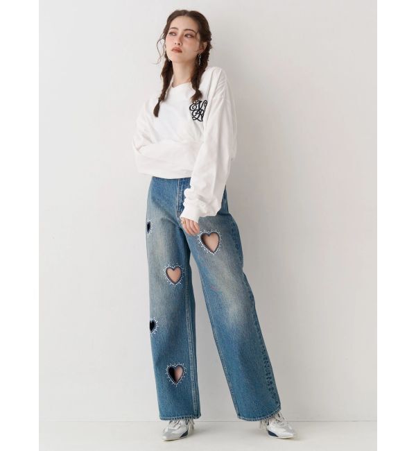 EVRIS「ビジューハートカッティングワイドデニムパンツ」|デニム|