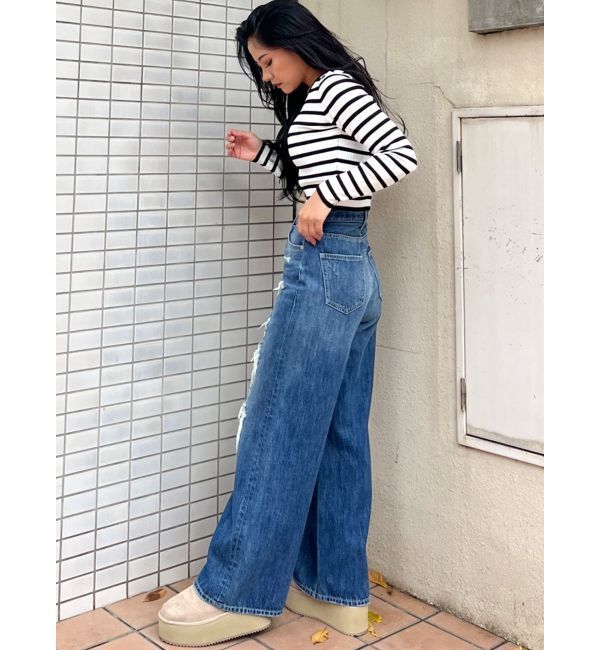 GYDA「ハイウエストダメージレースPatchストレートワイドデニムパンツ」|デニム|