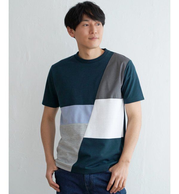 ikka「ブロックスポンチ切り替えTシャツ」|Tシャツ・カットソー|グリーン