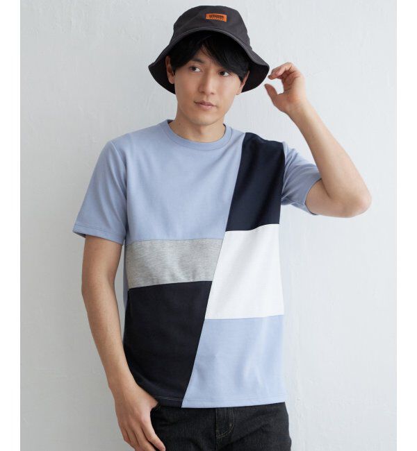 ikka「ブロックスポンチ切り替えTシャツ」|Tシャツ・カットソー|ブルー