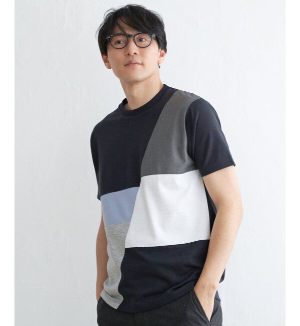 ikka「ブロックスポンチ切り替えTシャツ」|Tシャツ・カットソー|ネイビー