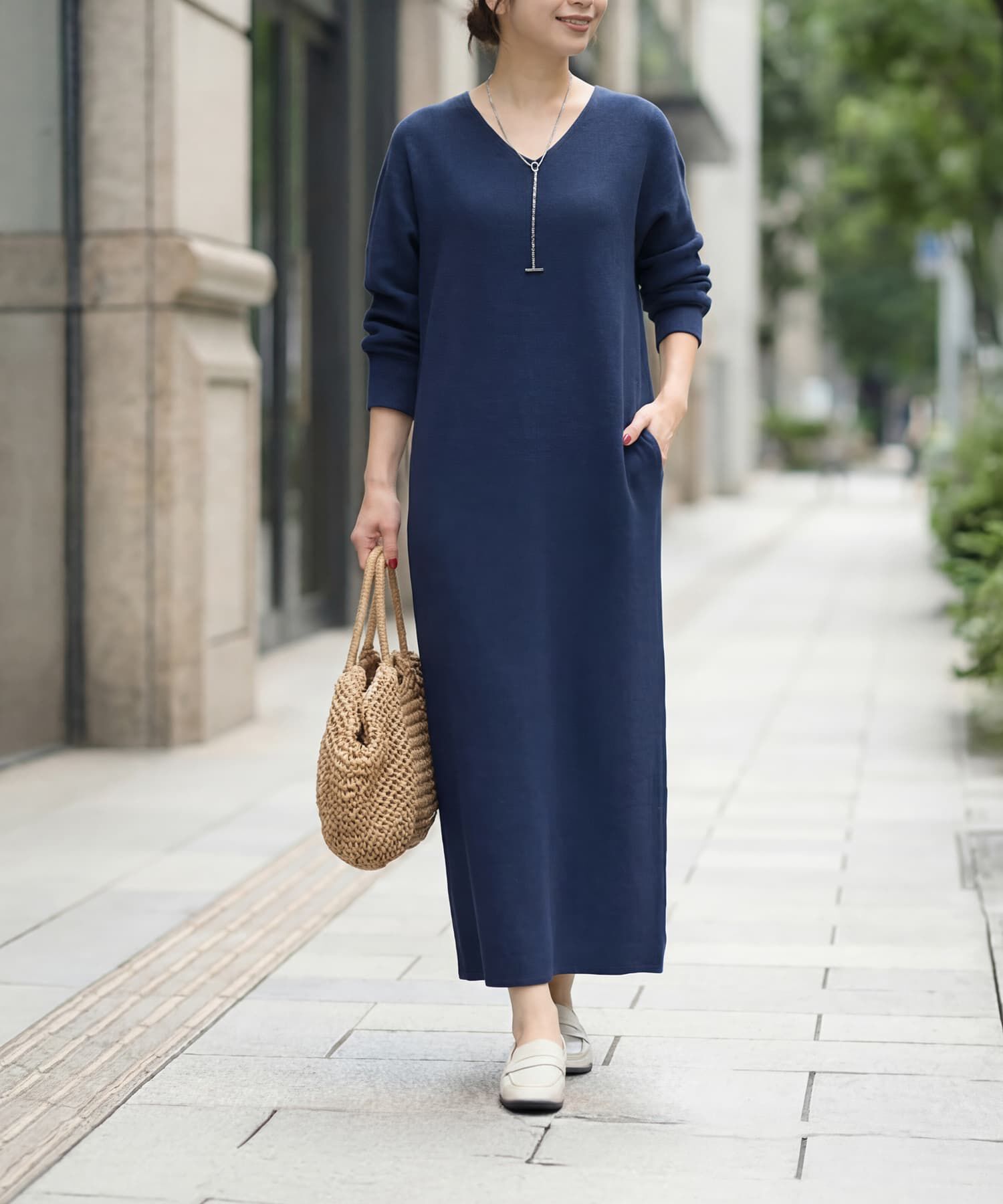 STYLE DELI「サーマル編みVネックワンピース」|ワンピース|ライトネイビー