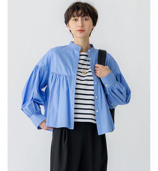23区「【洗える】CANCLINI ギャザー フレア ブラウス」|シャツ・ブラウス|サックス系