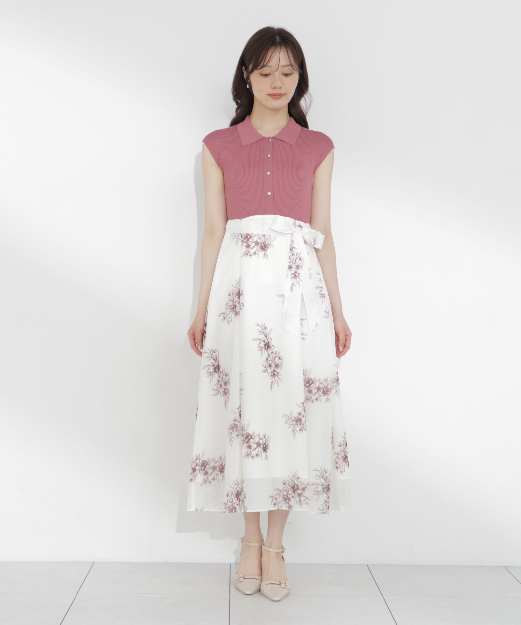 PROPORTION BODY DRESSING「衿付き柄ドッキングニットワンピース」|ワンピース|