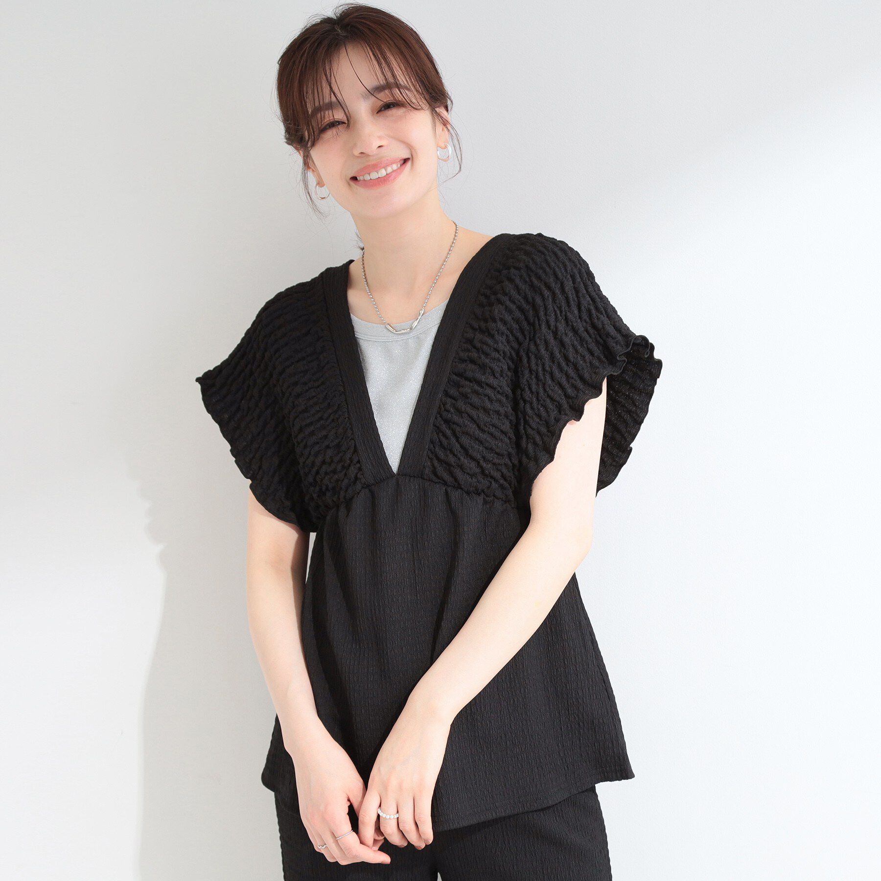 SHOO･LA･RUE「【2点セット/S-LL/洗濯機可】お袖シャーリングブラウス+ワイドパンツ」|スーツ|