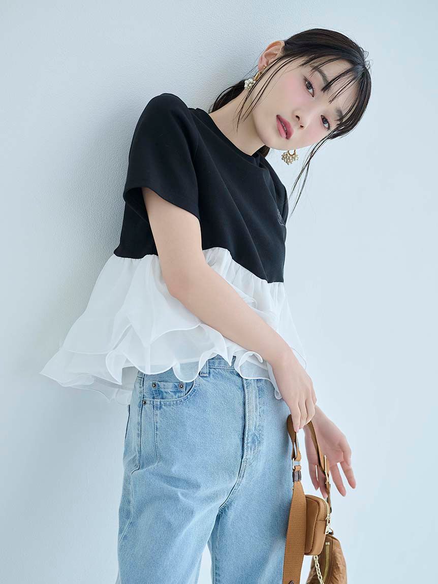 SNIDEL「【WEB限定カラーあり】ボリュームペプラムドッキングカットプルオーバー」|Tシャツ・カットソー|BLK
