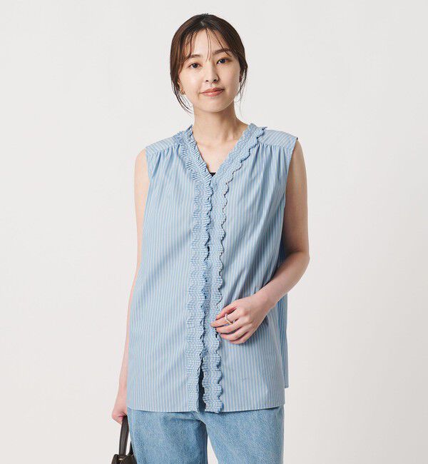 UNITED ARROWS「2WAY タックフリル ストライプ ノースリーブ ブラウス」|シャツ・ブラウス|