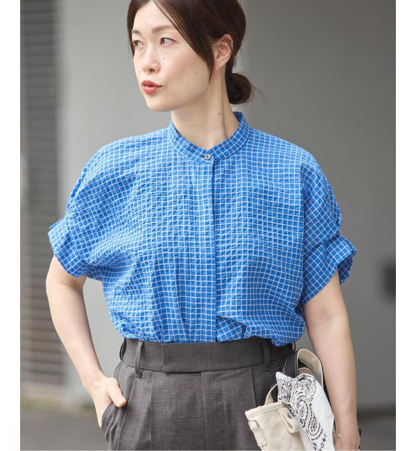 journal standard L'essage「DEVEAUXフラワー&チェック/無地タックスリーブシャツ」|シャツ・ブラウス|ブルー