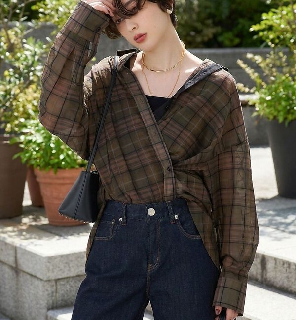Rouge vif「P/R強撚シアーチェック2WAYシャツ/カシュクールシャツ」|シャツ・ブラウス|
