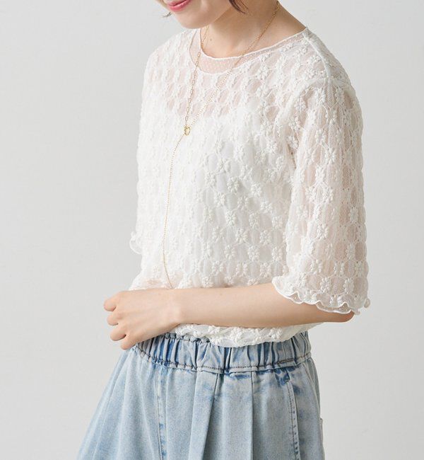  「ストレッチレース&times;ドットチュールTシャツ」|Tシャツ・カットソー|