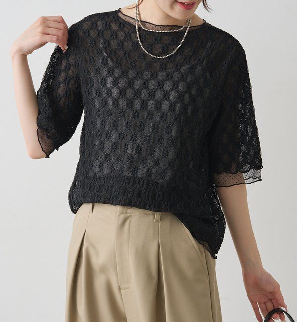  「ストレッチレース&times;ドットチュールTシャツ」|Tシャツ・カットソー|