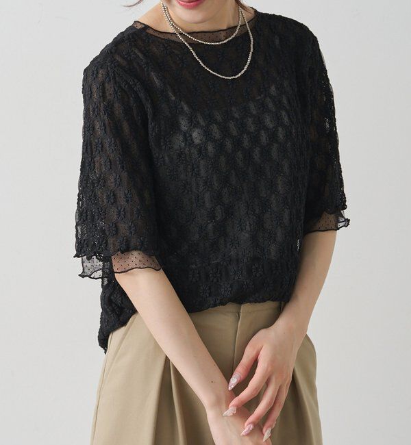  「ストレッチレース&times;ドットチュールTシャツ」|Tシャツ・カットソー|