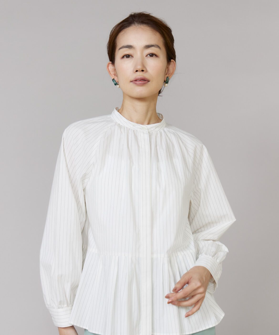 Le Souk「《大きいサイズ》ストライプバンドカラーペプラムブラウス」|シャツ・ブラウス|