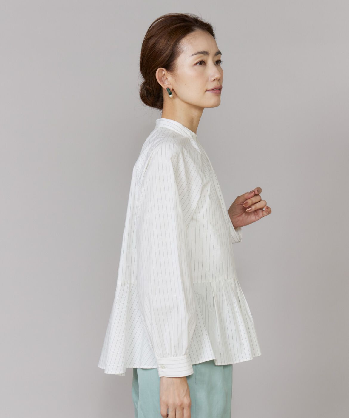 Le Souk「《大きいサイズ》ストライプバンドカラーペプラムブラウス」|シャツ・ブラウス|