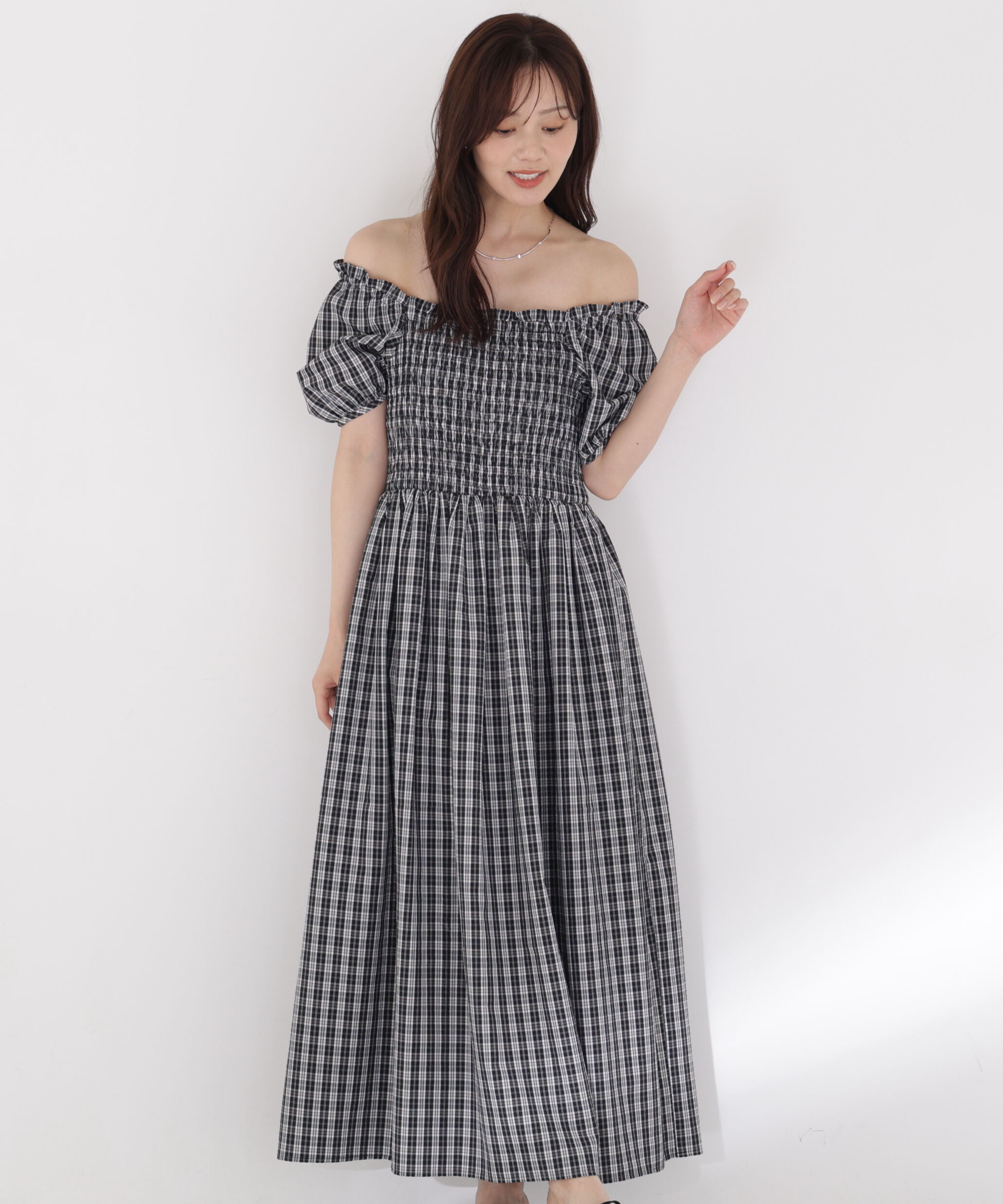 PROPORTION BODY DRESSING「チェック柄シャーリングワンピース」|ワンピース|