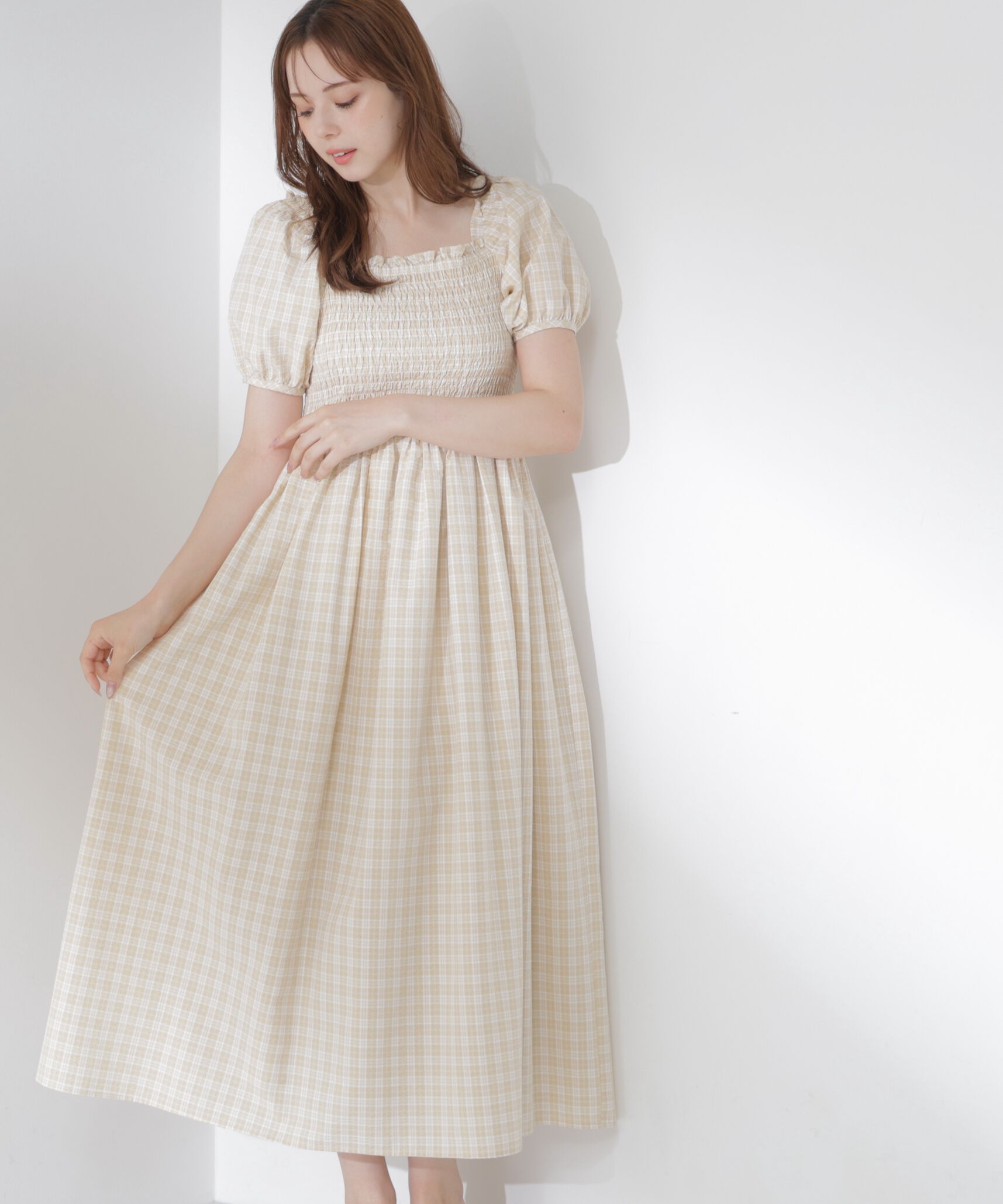 PROPORTION BODY DRESSING「チェック柄シャーリングワンピース」|ワンピース|ベージュ