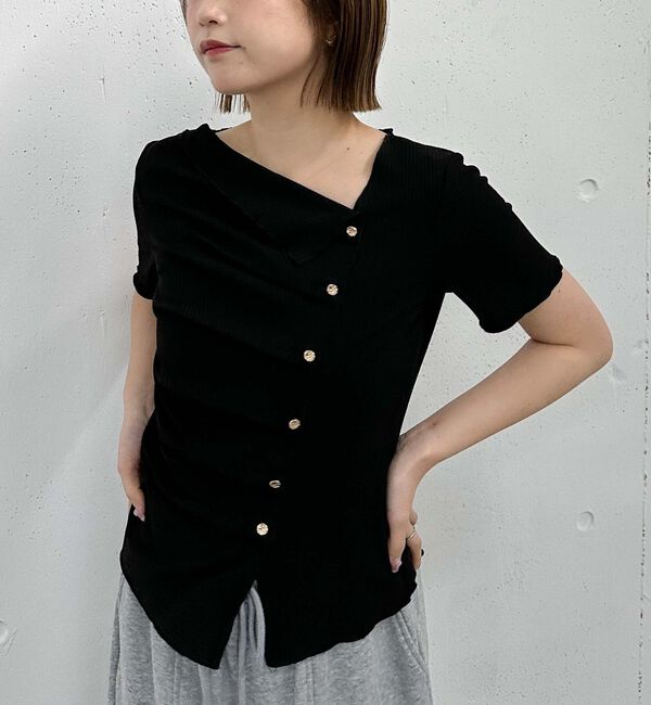 archives「アシメタックボタンカットＴＯＰＳ　５Ｓ」|Tシャツ・カットソー|BLACK