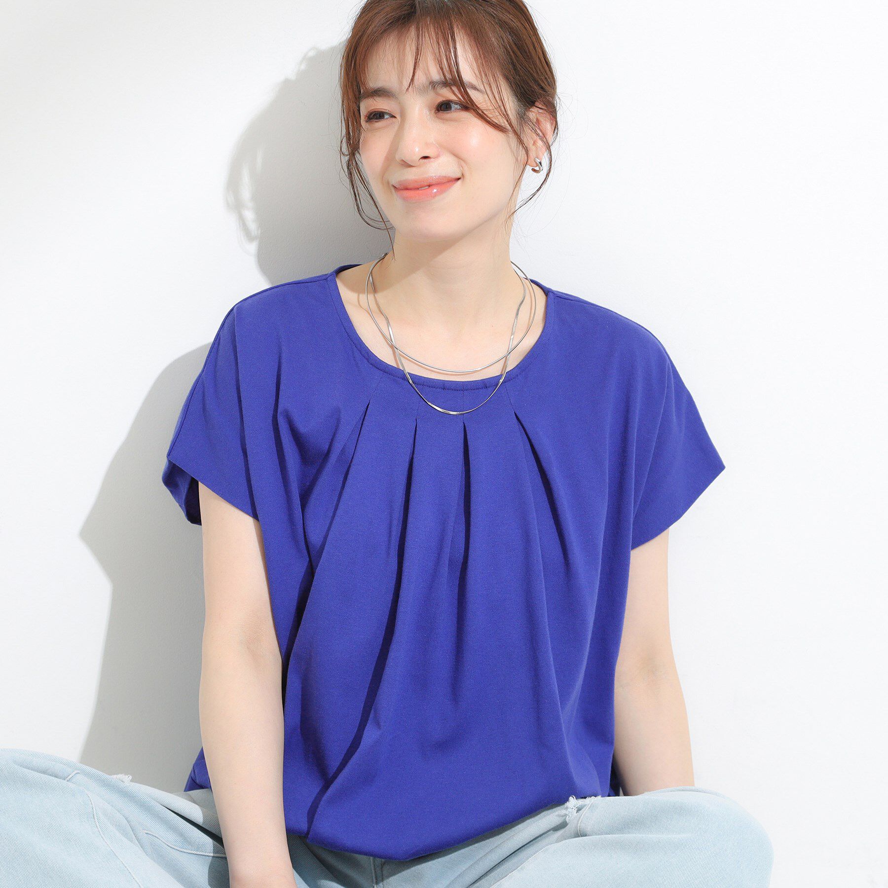 SHOO･LA･RUE「【S-LL】インせず着られる 異素材使い デザイントップス」|Tシャツ・カットソー|ブルー(093)