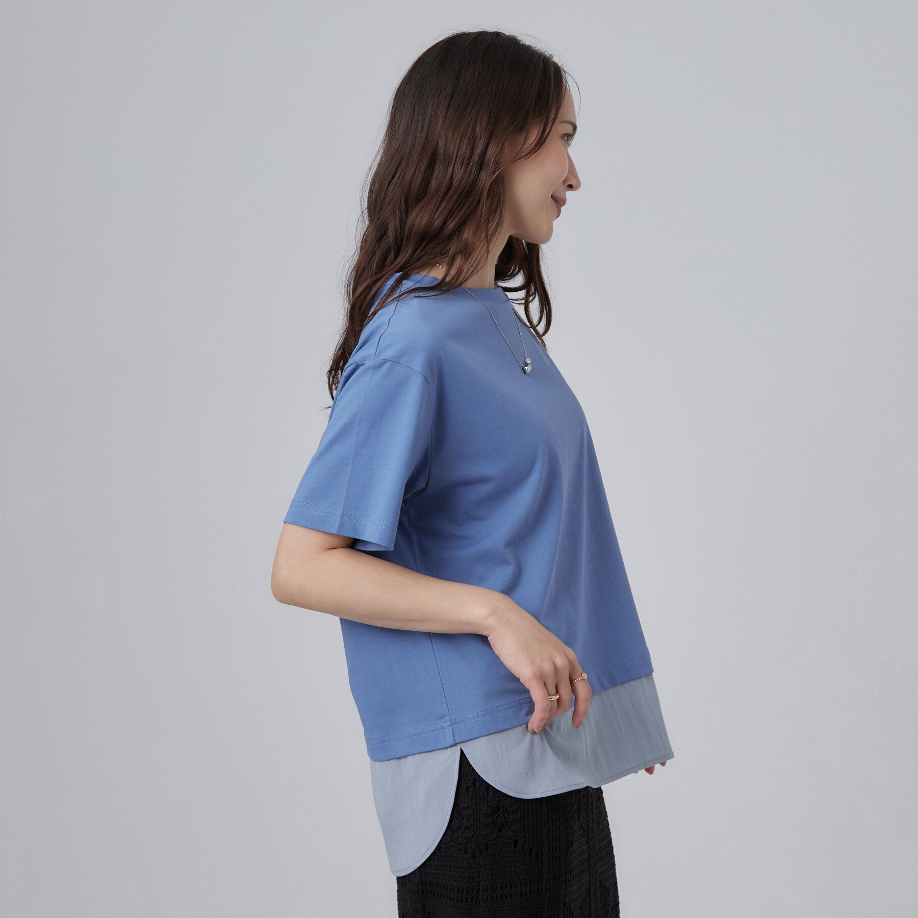 SHOO･LA･RUE「【ひんやり/体型カバー/S-LL】インせず着られる 異素材ドッキングTシャツ」|Tシャツ・カットソー|