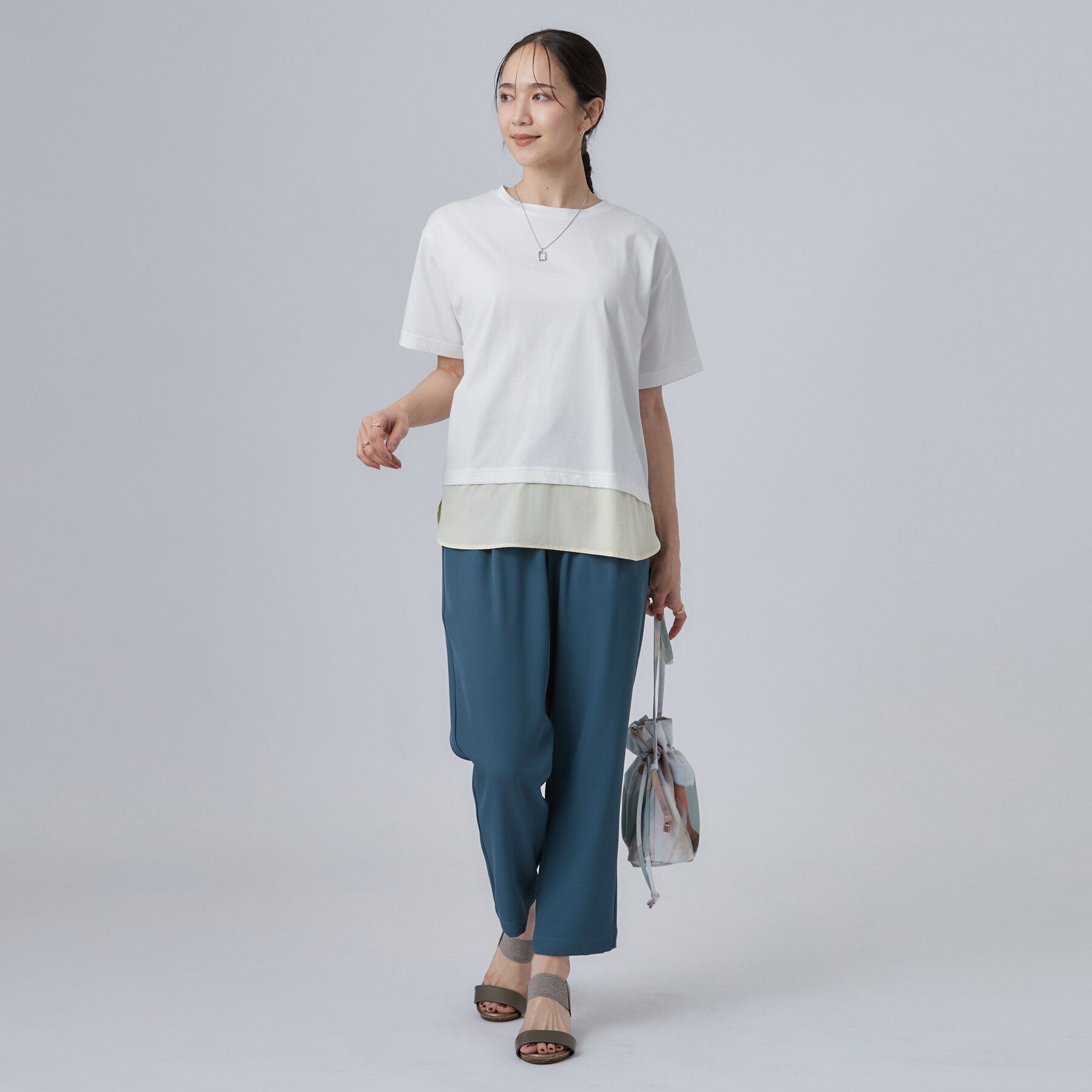 SHOO･LA･RUE「【ひんやり/体型カバー/S-LL】インせず着られる 異素材ドッキングTシャツ」|Tシャツ・カットソー|