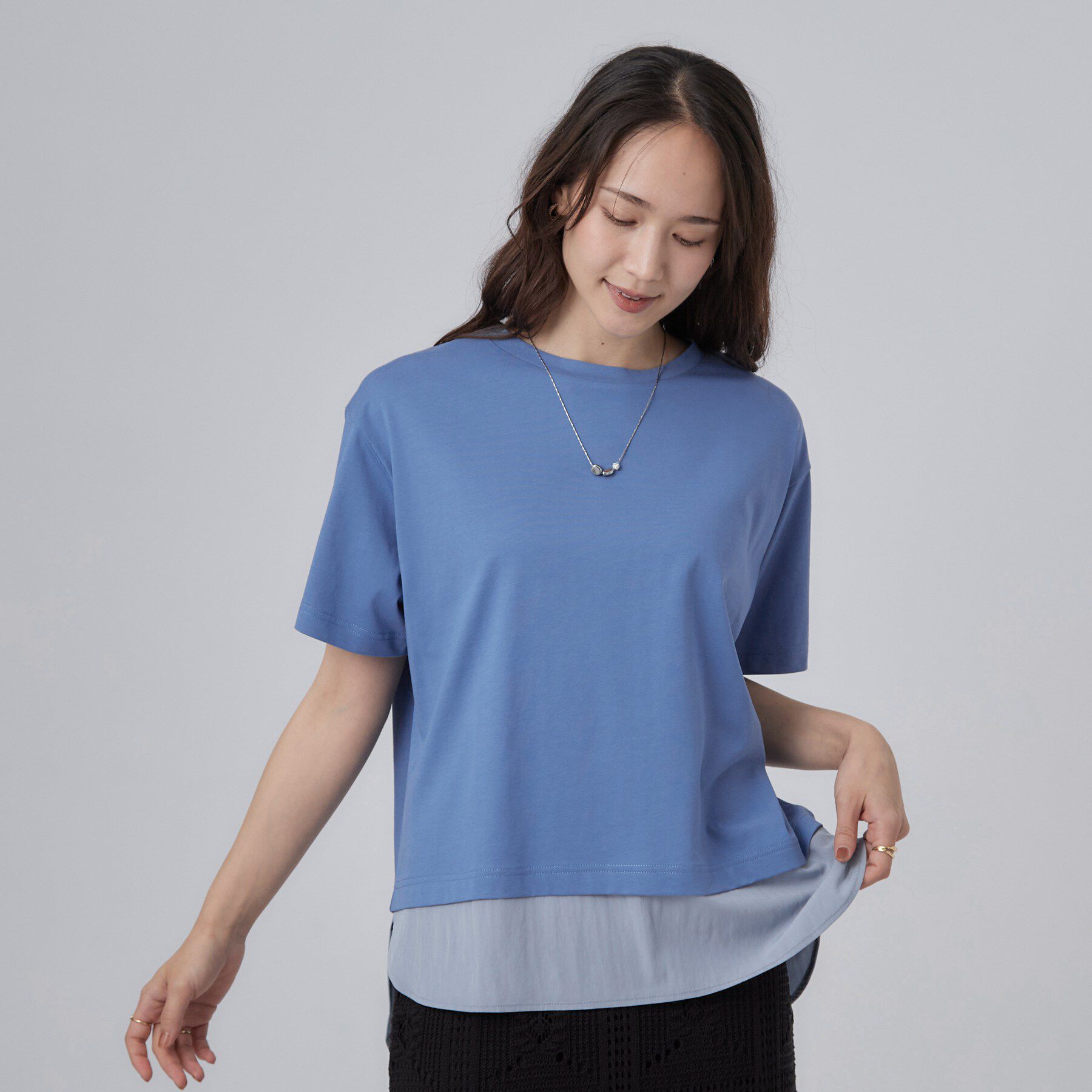 SHOO･LA･RUE「【ひんやり/体型カバー/S-LL】インせず着られる 異素材ドッキングTシャツ」|Tシャツ・カットソー|