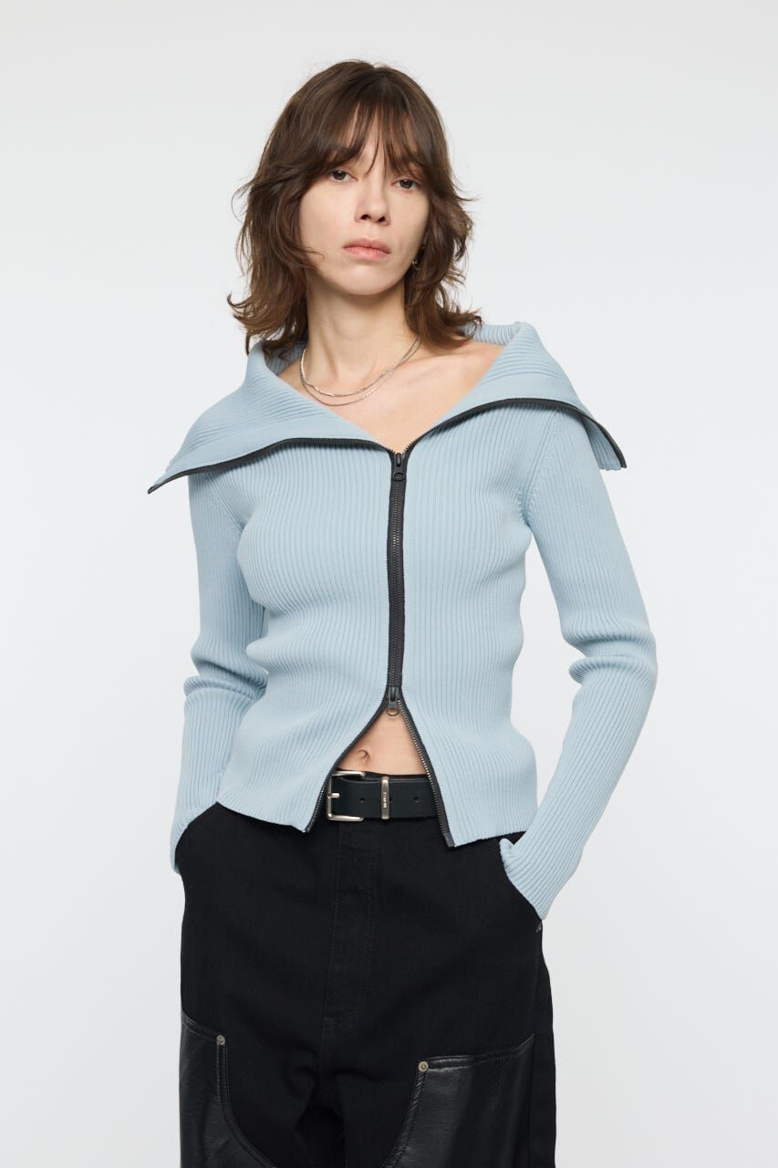 MOUSSY「BIG COLLAR ZIP UP ニットトップス」|ニット・セーター|L/BLU1