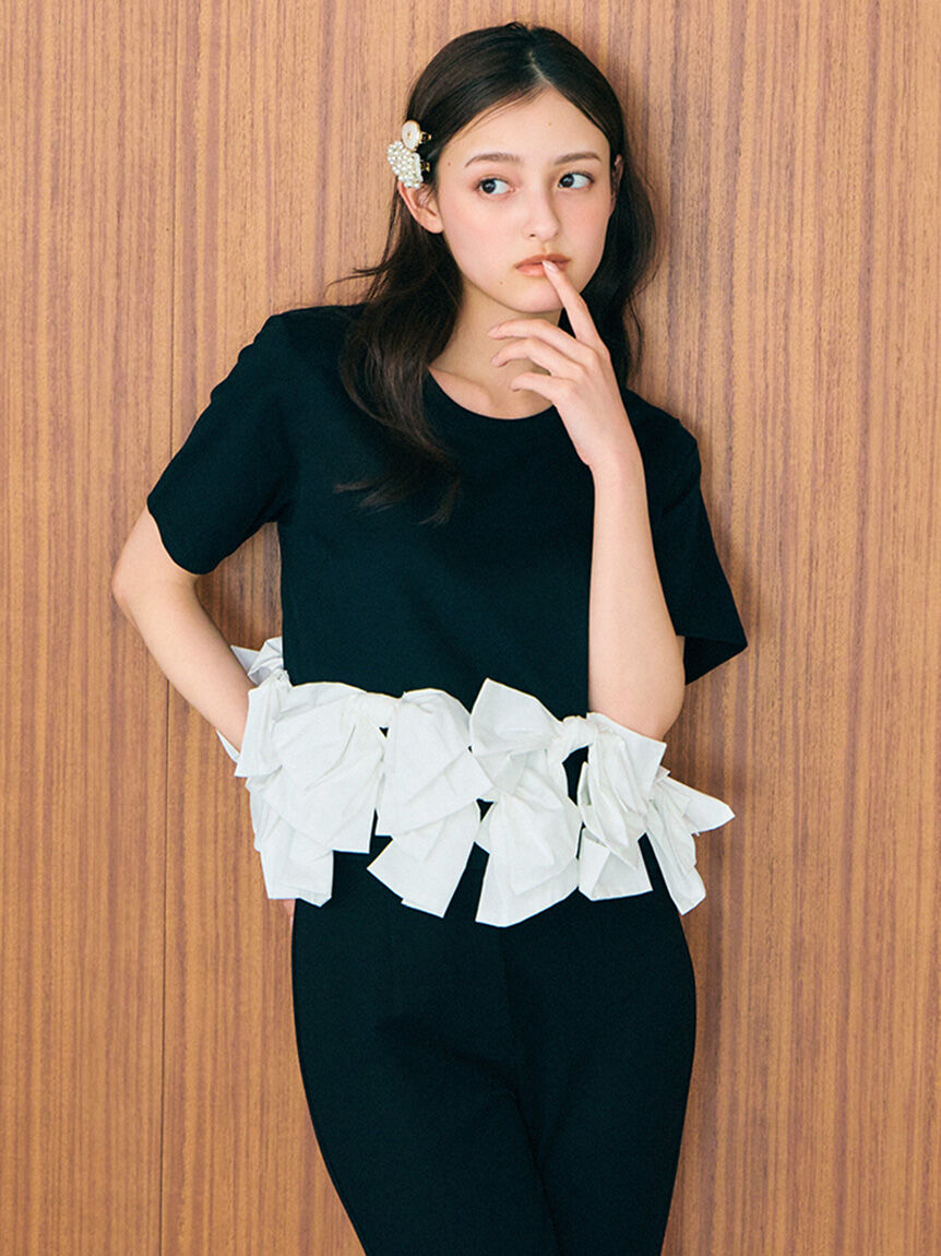 SNIDEL「【USAGI ONLINE/ZOZOTOWN限定】リボンドッキングTシャツ」|Tシャツ・カットソー|