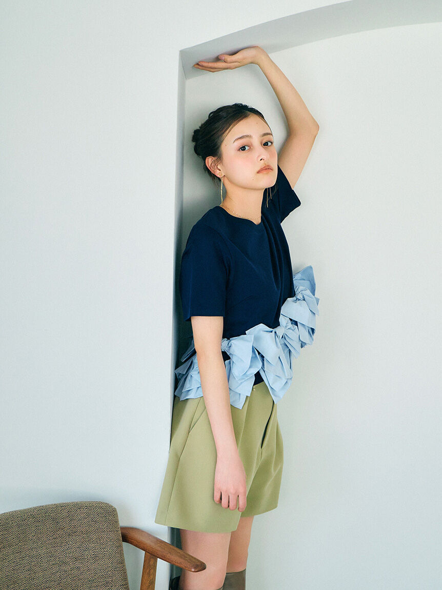 SNIDEL「【USAGI ONLINE/ZOZOTOWN限定】リボンドッキングTシャツ」|Tシャツ・カットソー|