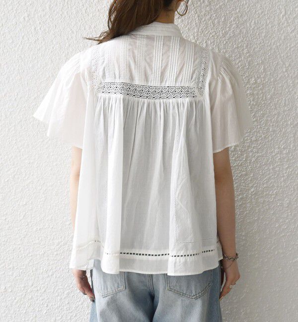 SHIPS any「SHIPS any:〈洗濯機可能〉キャンブリック スタンドカラー レース 半袖 シャツ ブラウス」|シャツ・ブラウス|