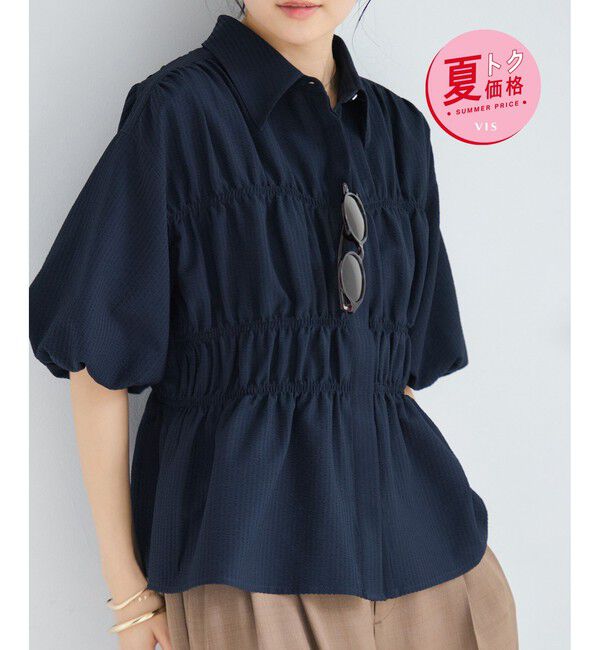 VIS「【夏トク価格】サッカーシャーリングバルーンシャツ」|シャツ・ブラウス|ネイビー(40)
