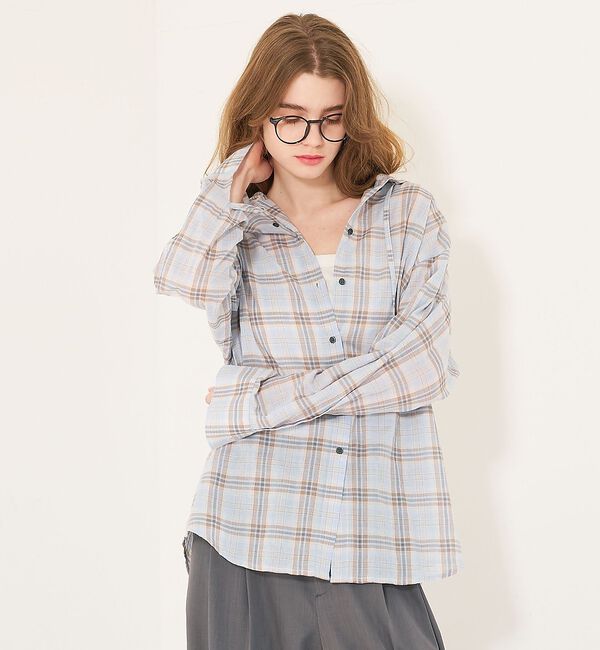 abahouse mavie「【シアー素材】チェックフードシャツ/春服/夏服/ゆったり/羽織り」|シャツ・ブラウス|