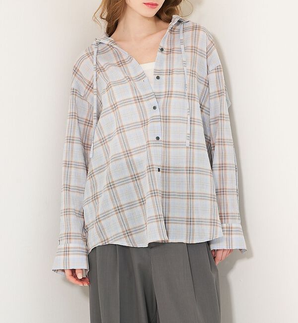 abahouse mavie「【シアー素材】チェックフードシャツ/春服/夏服/ゆったり/羽織り」|シャツ・ブラウス|