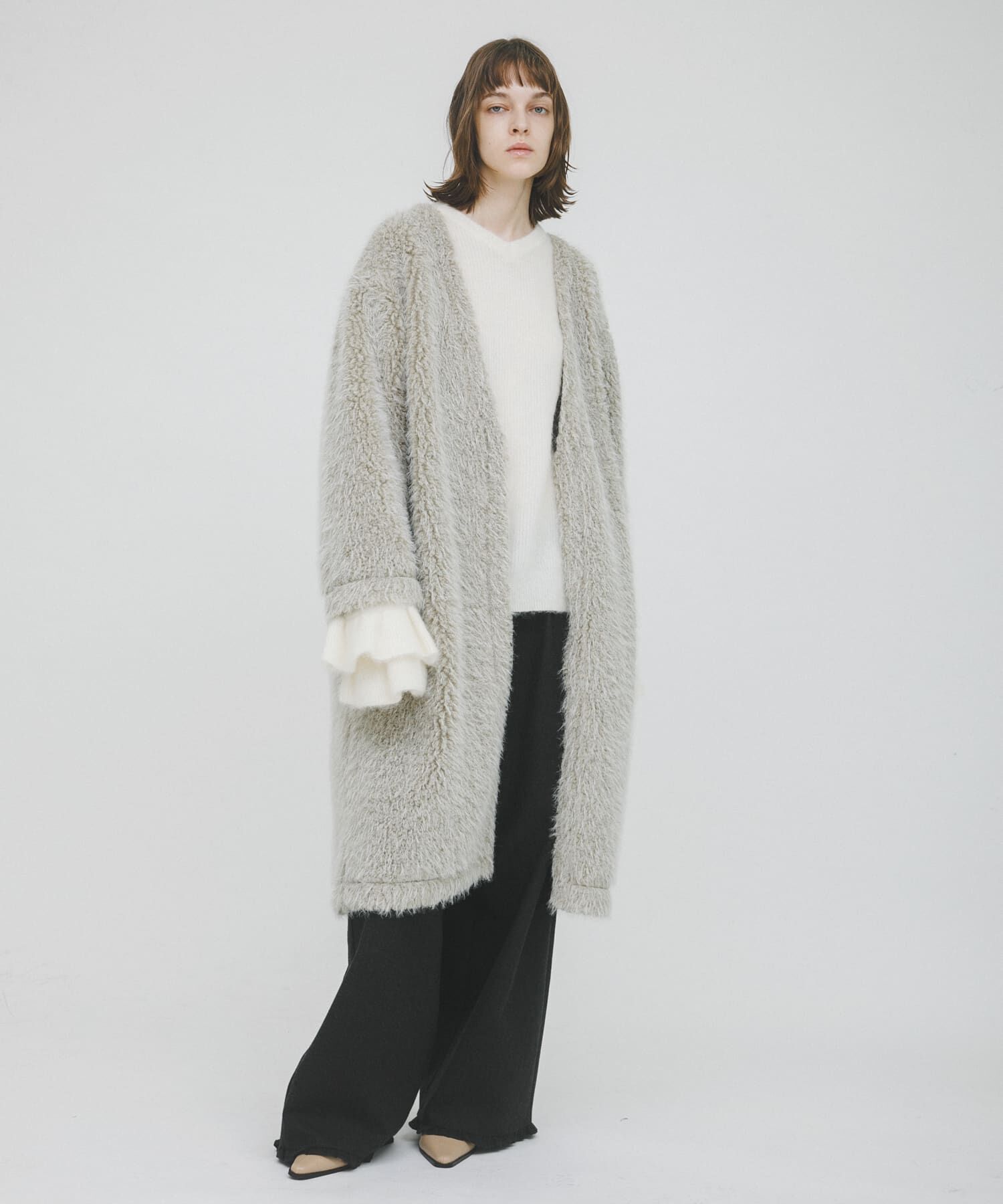 LAATO「long boa coat」|ノーカラーコート|