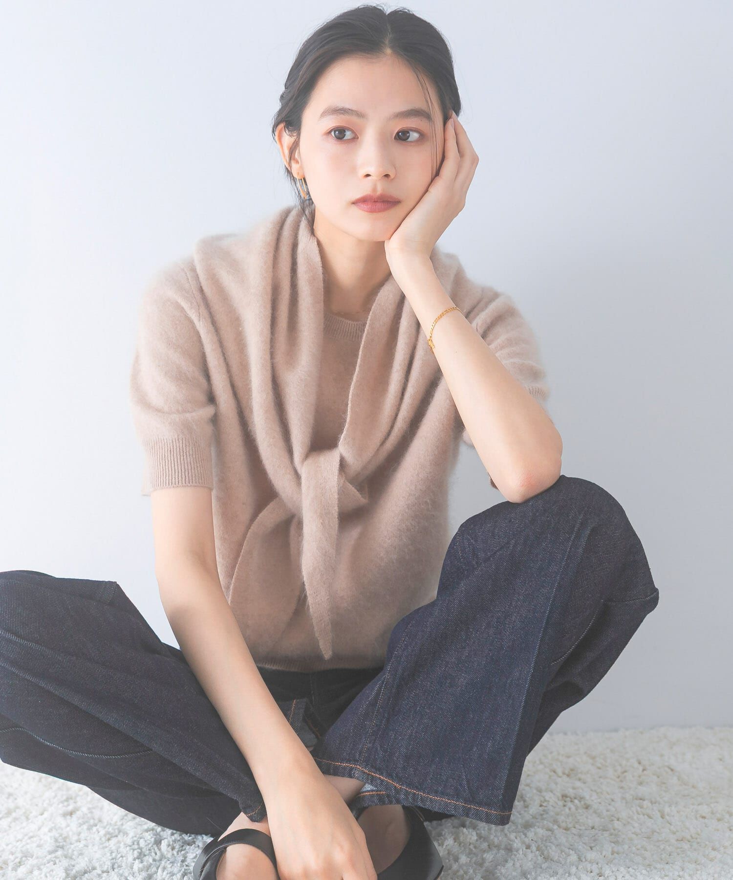 URBAN RESEARCH ROSSO「ストール付ハーフスリーブファーニット」|ニット・セーター|ベージュ系その他