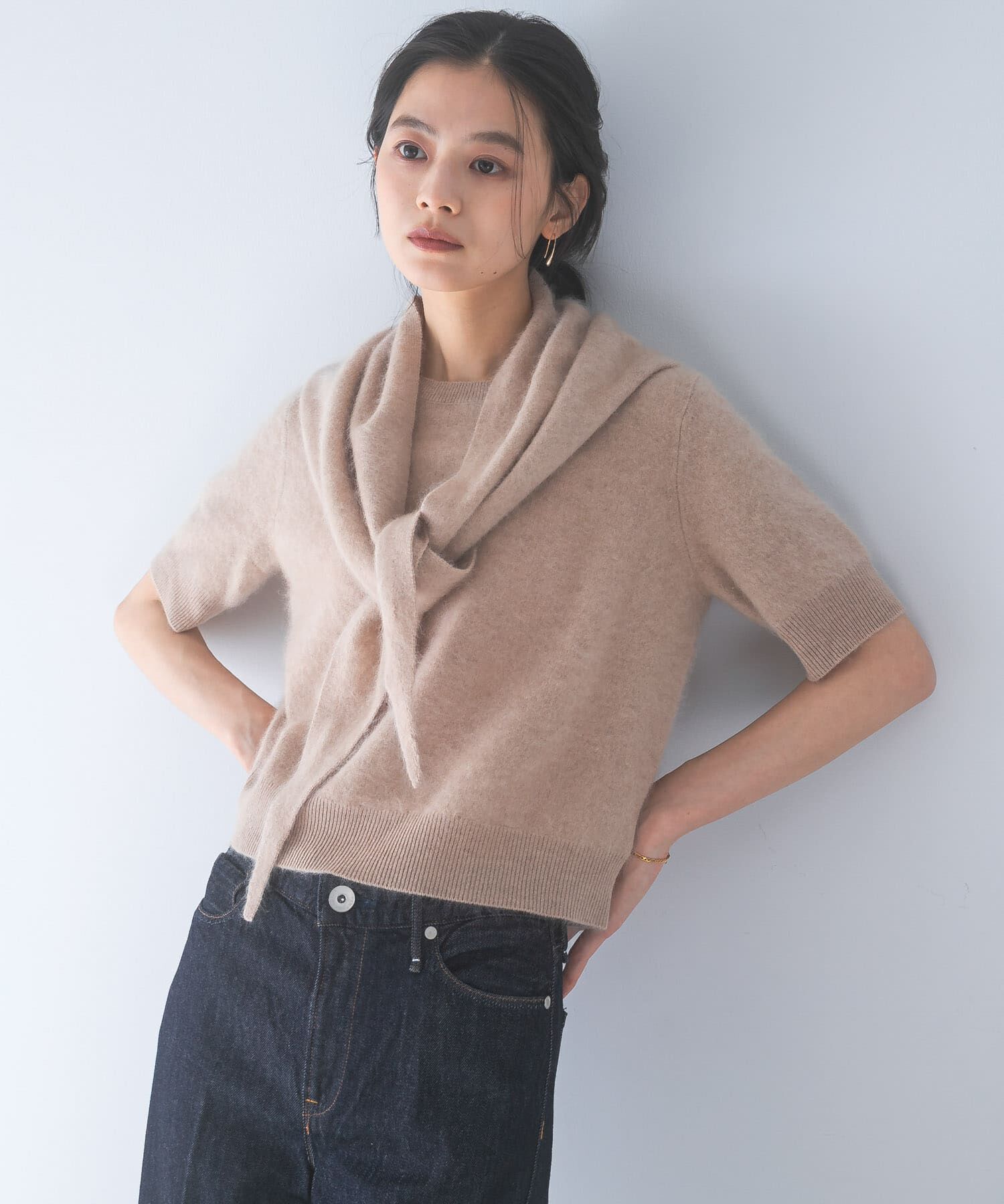 URBAN RESEARCH ROSSO「ストール付ハーフスリーブファーニット」|ニット・セーター|