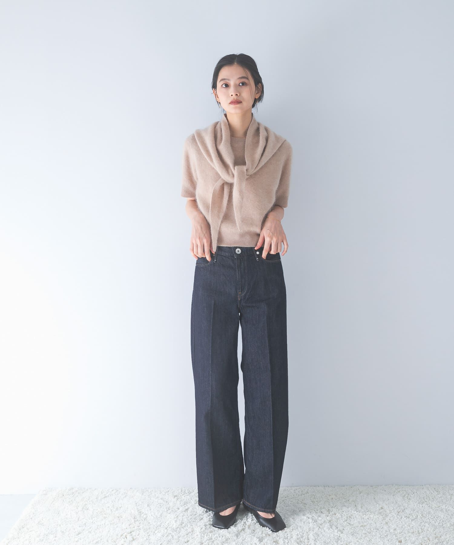 URBAN RESEARCH ROSSO「ストール付ハーフスリーブファーニット」|ニット・セーター|