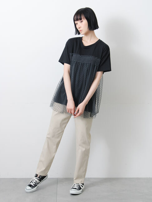 Samansa Mos2「◇【接触冷感/UVカット】ドットチュールドッキングTシャツ」|Tシャツ・カットソー|