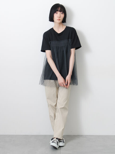 Samansa Mos2「◇【接触冷感/UVカット】ドットチュールドッキングTシャツ」|Tシャツ・カットソー|